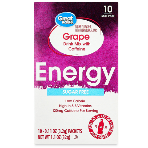 Great Value Sugar-Free Grape Energy Powdered Drink Mix, 1.1 oz, 10 Count