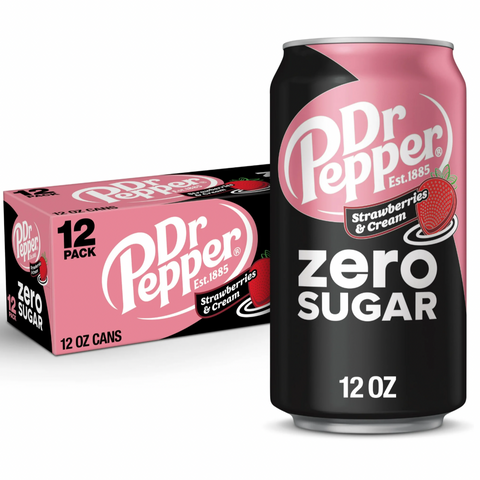 Dr Pepper Zero Sugar Strawberries and Cream Soda Pop, 12 fl oz, 12 Count