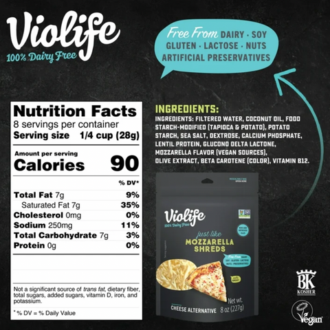 Violife Just like Mozzarella Shreds Shredded Cheese, Dairy-Free Vegan, 8 oz