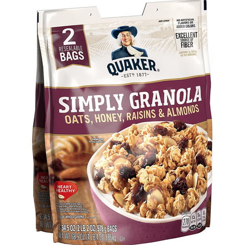 Quaker Simply Granola Oats, Honey, Raisins and Almonds, 34.5 oz., 2 Count