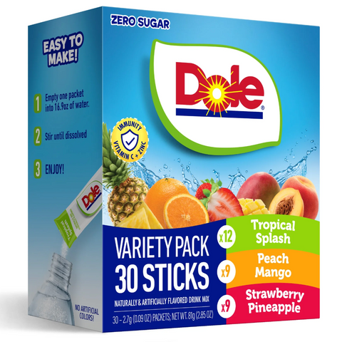 Dole Powder Drink Mix Variety Pack, Tropical, Peach Mango & Strawberry Pineapple, Sugar-Free, 30 Ct