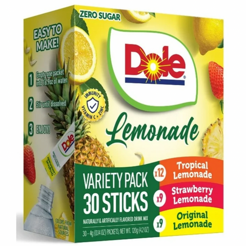 Dole Lemonade Variety Powder Mix, Tropical, Classic, & Strawberry, Sugar-Free, 30 Ct