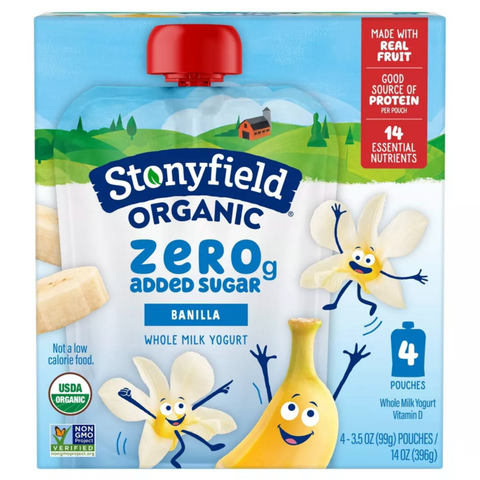 Stonyfield Organic ZERO Added Sugar Kids Pouch Vanilla, 3.5oz, 4 Count