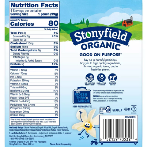 Stonyfield Organic ZERO Added Sugar Kids Pouch Vanilla, 3.5oz, 4 Count