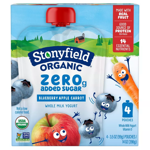 Stonyfield Organic ZERO Added Sugar Kids Pouch Blueberry Apple Carrot, 3.5oz, 4 Count