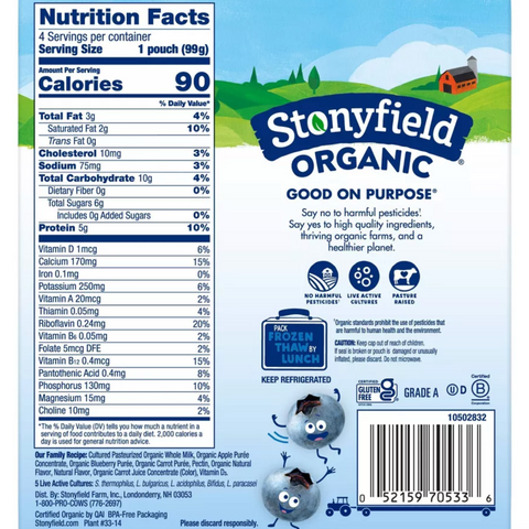 Stonyfield Organic ZERO Added Sugar Kids Pouch Blueberry Apple Carrot, 3.5oz, 4 Count