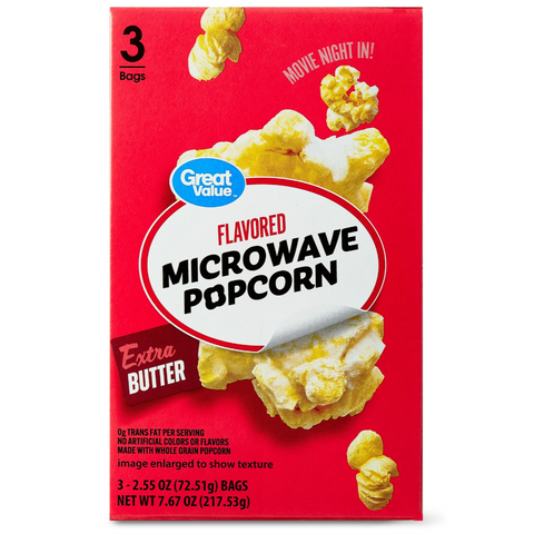 Great Value Extra Butter Flavored Microwave Popcorn, 2.55 oz, 3 Count