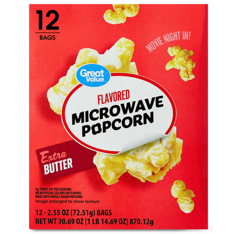 Great Value Extra Butter Flavored Microwave Popcorn, 2.55 oz, 12 Count