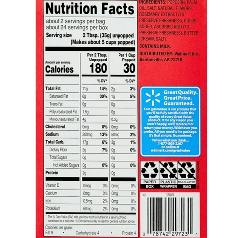 Great Value Extra Butter Flavored Microwave Popcorn, 2.55 oz, 12 Count