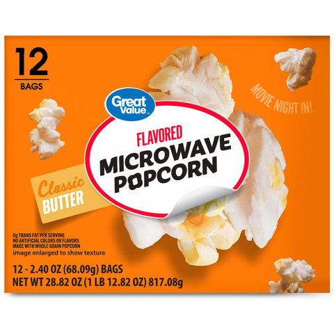 Great Value Butter Flavored Microwave Popcorn, 2.4 oz, 12 Count