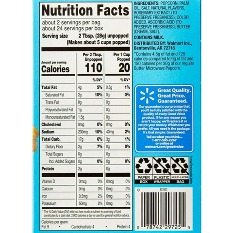 Great Value Light Butter Flavored Microwave Popcorn, 2.03 oz, 12 Count