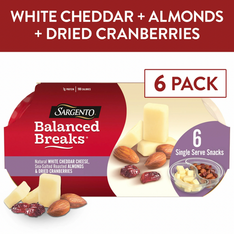 Sargento Balanced Breaks White Cheddar Cheese, Roasted Almonds, Dried Cranberries, 6 Ct