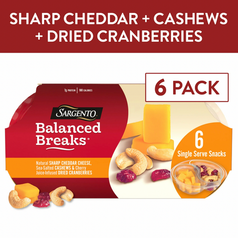 Sargento Balanced Breaks Sharp Cheddar Cheese, Cashews, Cherry Infused Dried Cranberries, 6 Ct