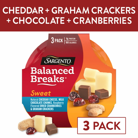 Sargento Sweet Balanced Breaks Cheddar Cheese, Chocolate, Dried Fruit, Graham Crackers, 3 Ct