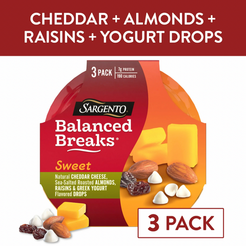 Sargento Sweet Balanced Breaks Cheddar Cheese, Roasted Almonds, Raisins, & Yogurt Drops, 3 Ct