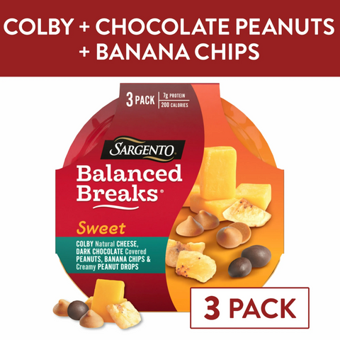 Sargento Sweet Balanced Breaks Colby Cheese, Chocolate Peanuts, Bananas, Peanut Drops, 3 Ct