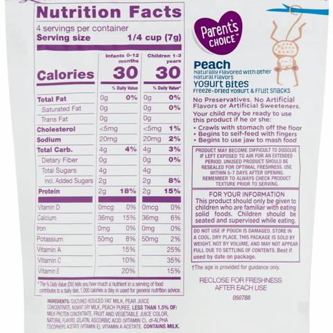 Parent's Choice Peach Yogurt Bites, Baby Food Stage 3 Toddler Snack, 1 oz