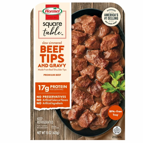 Hormel Square Table Slow Simmered Beef Tips & Gravy, Beef Shoulder Cuts Refrigerated, 15 oz