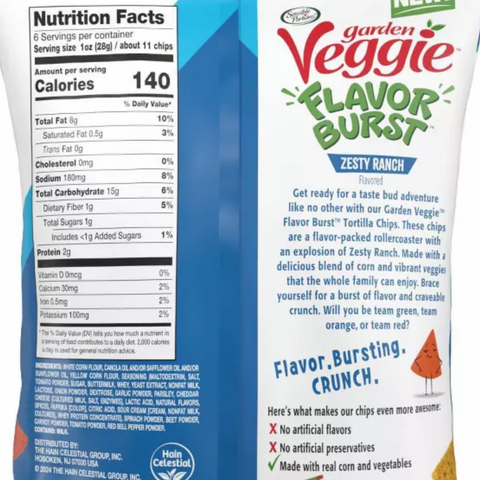 Sensible Portions Garden Veggie Flavor Burst Tortilla Chips Ranch, 6oz