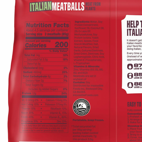 Impossible Foods Italian Meatballs Meat from Plants, Frozen, Fully Cooked, 14 oz