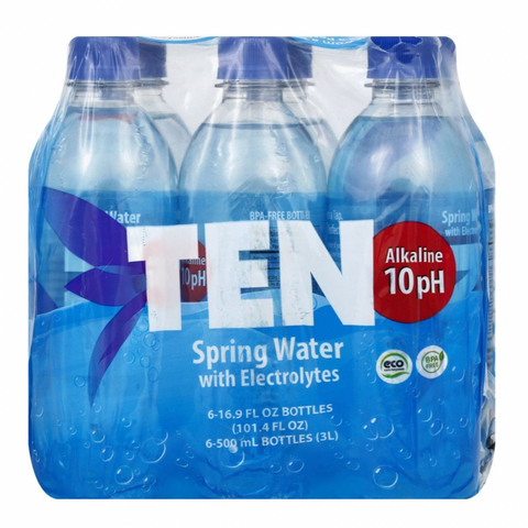 TEN Alkaline Spring Water, pH 10, High in Electrolytes, 16.9 fl oz, 6 Count