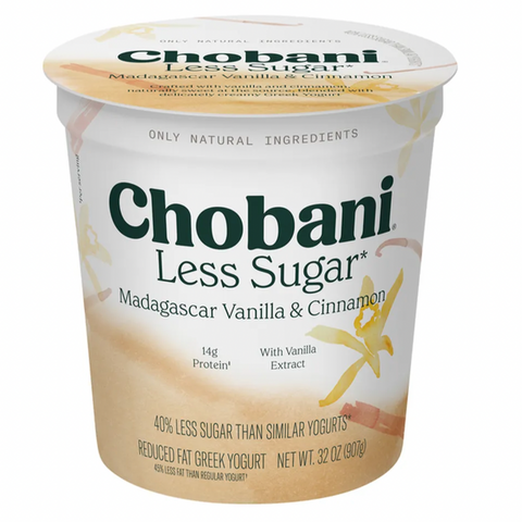 Chobani Greek Yogurt, Less Sugar, Reduced Fat, Madagascar Vanilla & Cinnamon, 32 oz.