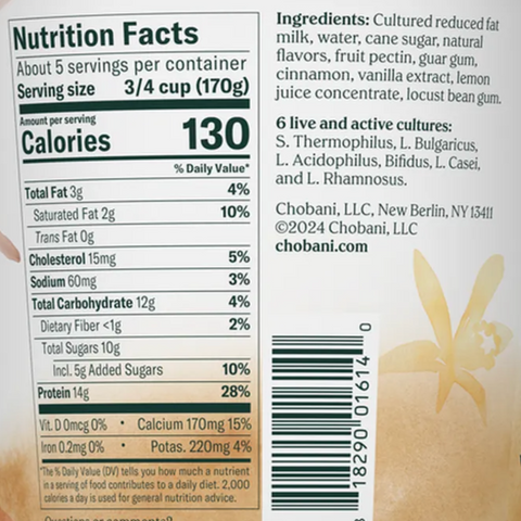 Chobani Greek Yogurt, Less Sugar, Reduced Fat, Madagascar Vanilla & Cinnamon, 32 oz.