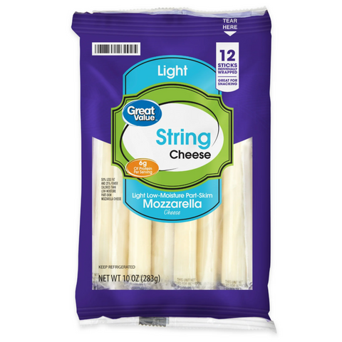 Great Value Light Mozzarella String Cheese Sticks, 12 Count