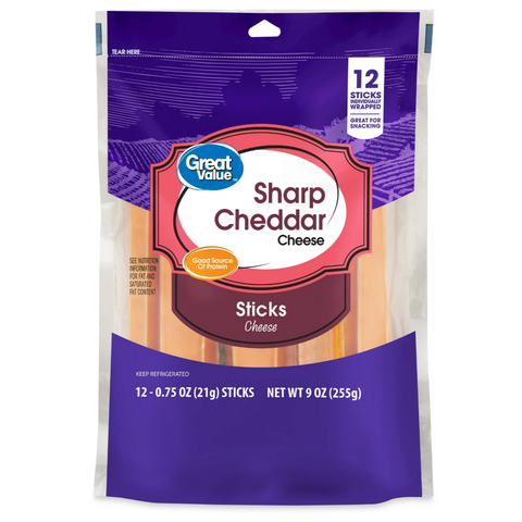 Great Value Sharp Cheddar Cheese Sticks, 9 oz, 12 Count