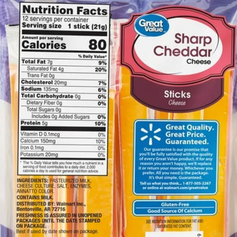 Great Value Sharp Cheddar Cheese Sticks, 9 oz, 12 Count