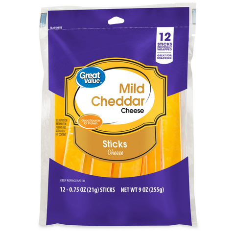 Great Value Mild Cheddar Cheese Sticks, 9 oz, 12 Count