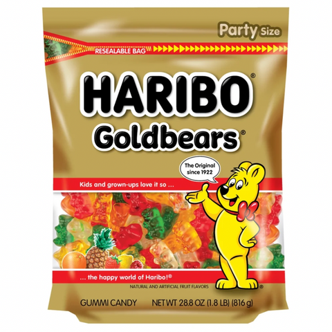 Haribo Goldbears Gummies Original Assorted Fruit Flavor Gummy Candy, Party Size, 28.8oz