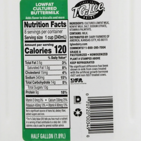 T.G. Lee Dairy Low Fat Cultured Buttermilk, Half Gallon