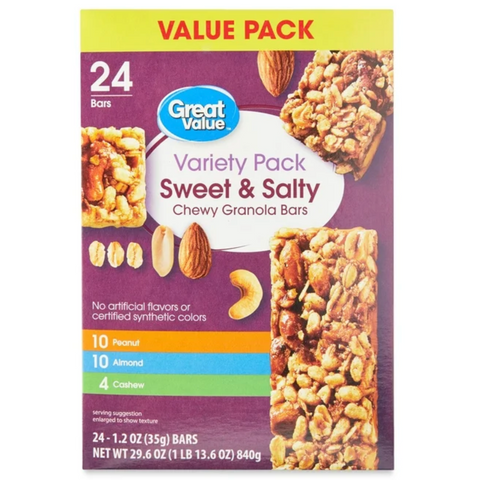 Great Value Sweet & Salty Chewy Granola Bars, Variety Pack, 24 Count