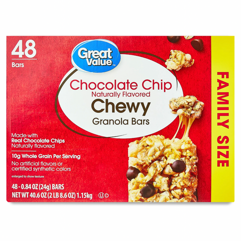 Great Value Chocolate Chip Chewy Granola Bars, Family Size, 48 Count