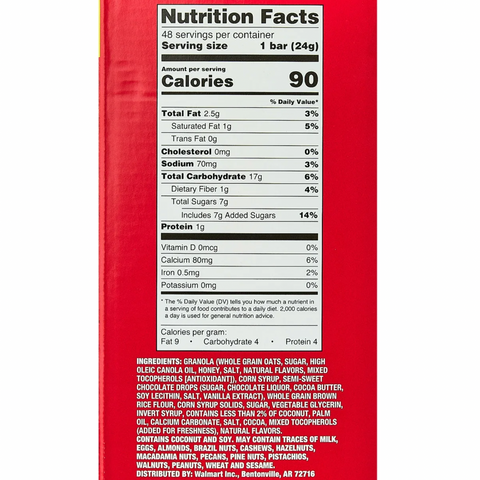 Great Value Chocolate Chip Chewy Granola Bars, Family Size, 48 Count