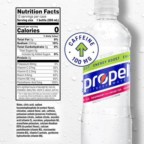 Propel Zero Sugar Electrolyte Water, Raspberry with Green Tea, 16.9 oz, 12 Count
