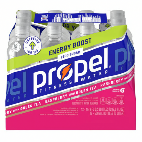 Propel Zero Sugar Electrolyte Water, Raspberry with Green Tea, 16.9 oz, 12 Count