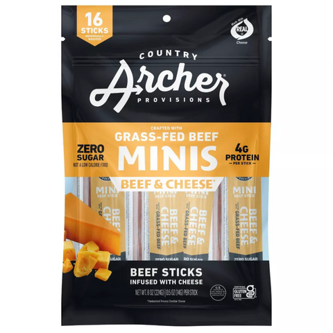 Country Archer Jerky Co. Beef & Cheese Mini Sticks, 8oz, 16 Count