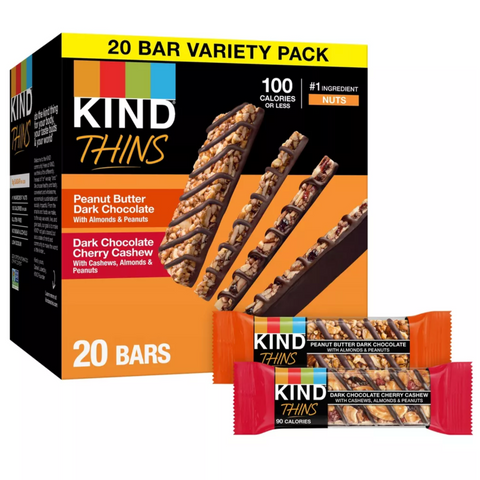 KIND Thins Peanut Butter Dark Chocolate & Dark Chocolate Cherry Cashew Bars Variety Pack, 20 Count