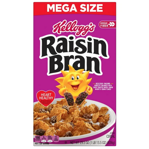 Kellogg's Raisin Bran Original Breakfast Cereal, Fiber Cereal, Mega Size, 29.5oz