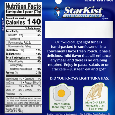 Starkist Tuna Pouch, Chunk Light Tuna In Sunflower Oil, 2.6 oz