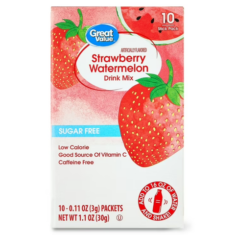 Great Value Sugar-Free Strawberry Watermelon Powdered Drink Mix, 0.11 oz, 10 Count
