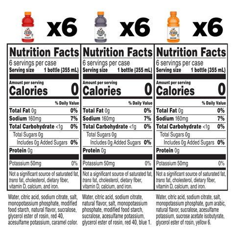 Gatorade Zero Sugar Sports Drinks, Fruit Punch/Grape/Orange Variety Pack, 12 fl oz, 18 Count