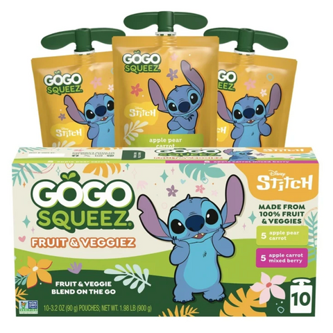 GoGo squeeZ Fruit & VeggieZ Disney’s Lilo & Stitch, Apple Pear Carrot and Apple Carrot Mixed Berry, 3.2 oz, 10 Ct