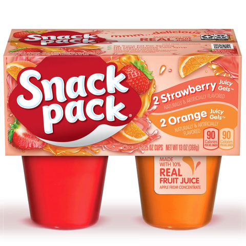 Snack Pack Strawberry and Orange Flavored Juicy Gels, 3.25 oz, 4 Count
