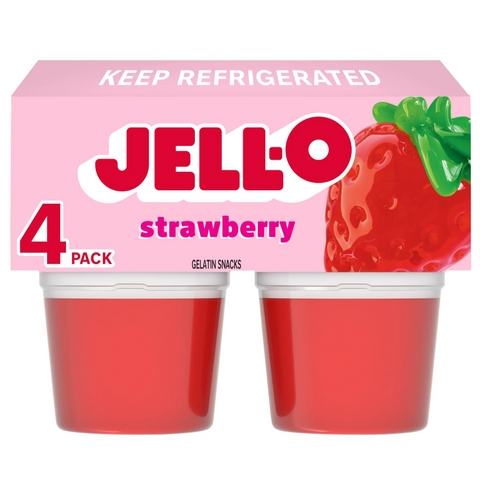 Jell-O Original Strawberry Jello Cups Gelatin Snack, 4 Count