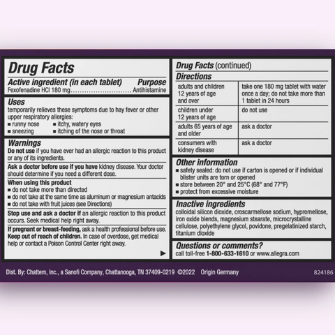 Allegra Adult 24-Hour Allergy Relief, Non-Drowsy, 180 mg Fexofenadine HCI, 15 Tablets