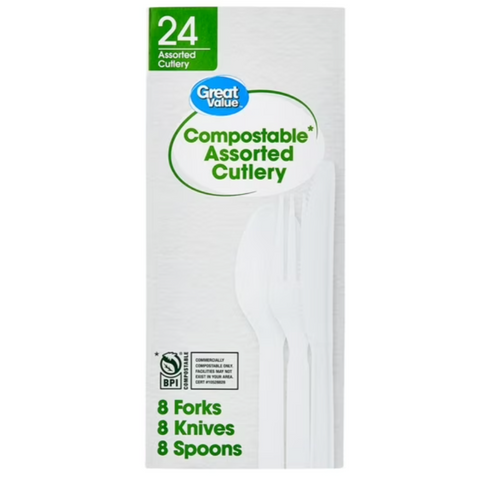 Great Value Disposable Compostable Cutlery Set, 24 Count Includes 8F/8S/8K