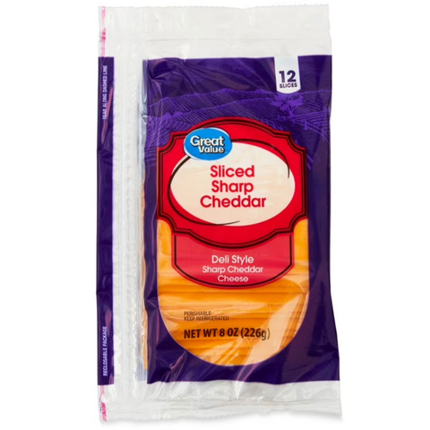 Great Value Sharp Cheddar Deli Style Sliced Cheese, 8 oz, 12 Slices